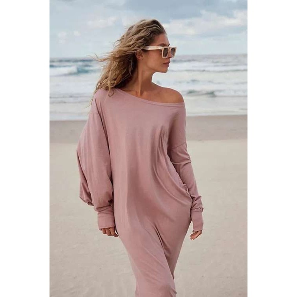 FP Beach Dress Womens L Purple Scoop Neck Long Sleeve Maxi T Shirt Oversized